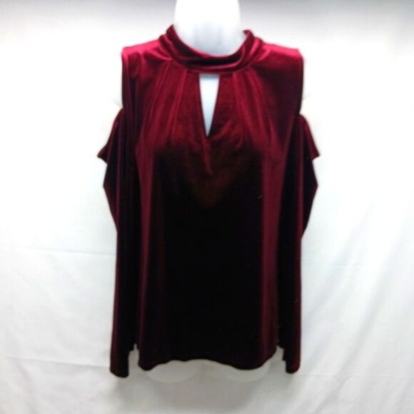 Neiman Marcus Red Velvet Blouse Key Hole Neck Open Shoulder Long Sleeve Large... - Picture 4 of 12